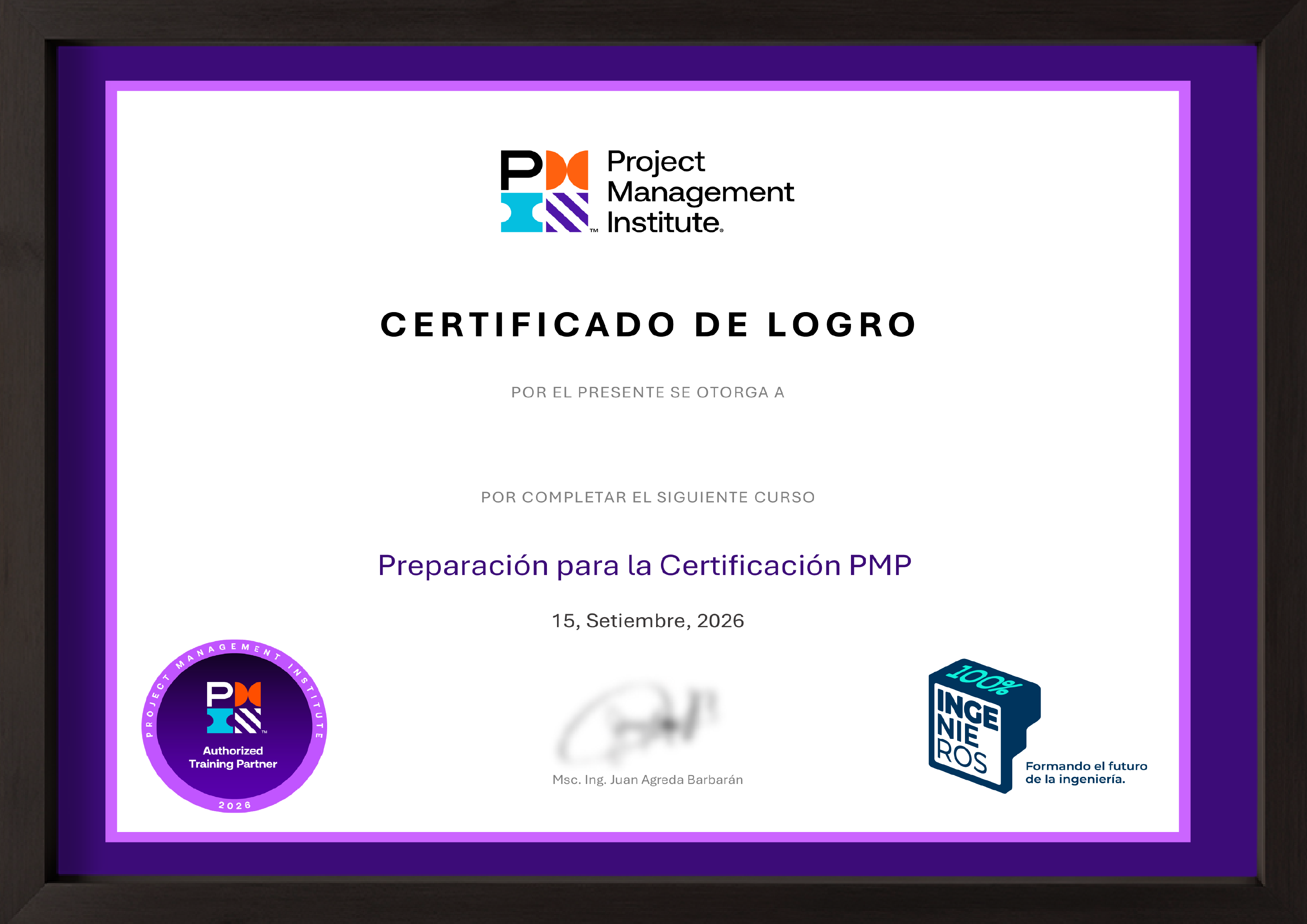 Certificado con sello PMI Authorized Training Partner